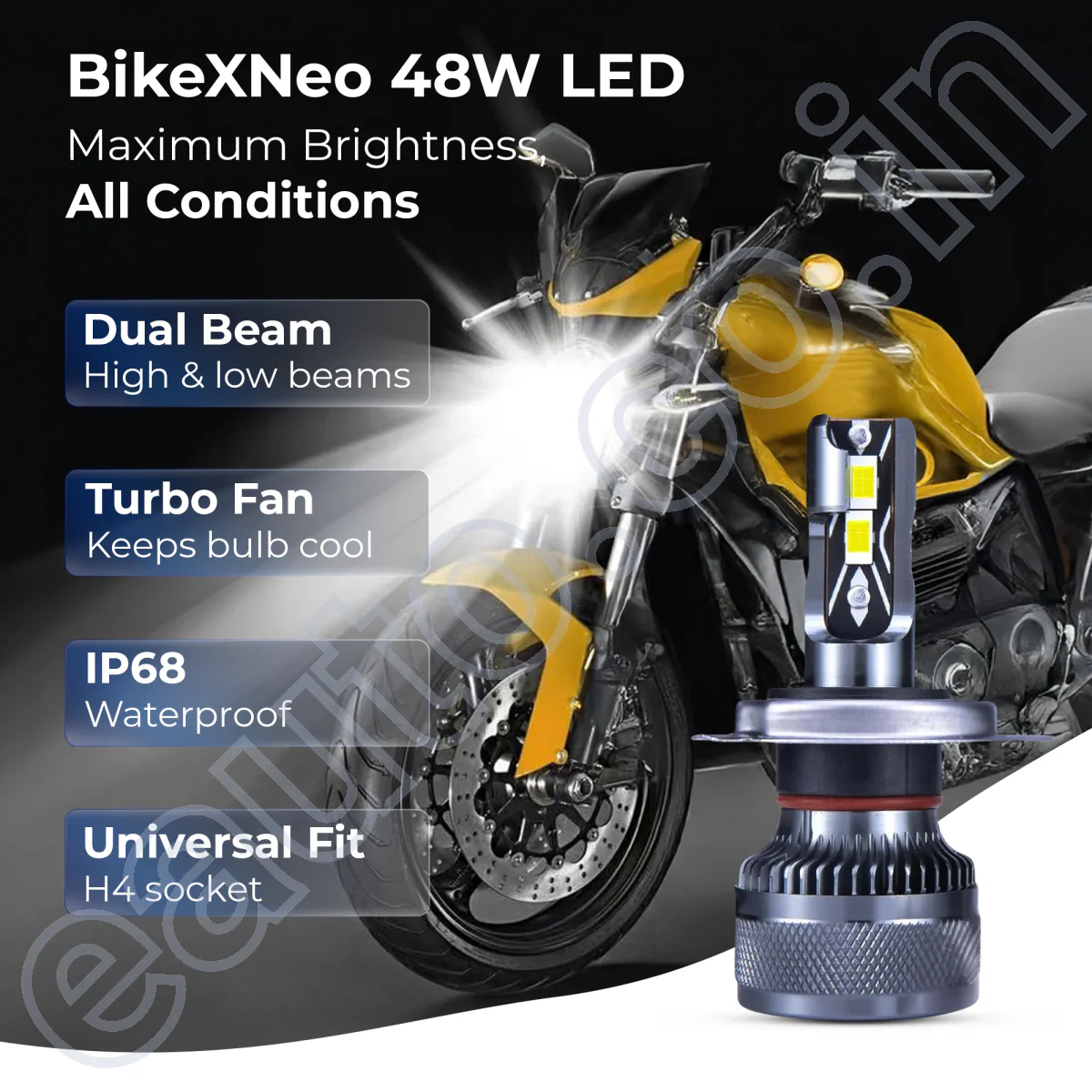 BikeXNeo Power Beam Pro 48W Motorcycle LED Headlight Bulb – India’s Most Powerful | 1 Year Warranty | Universal H4 Fit | Waterproof - Image 6