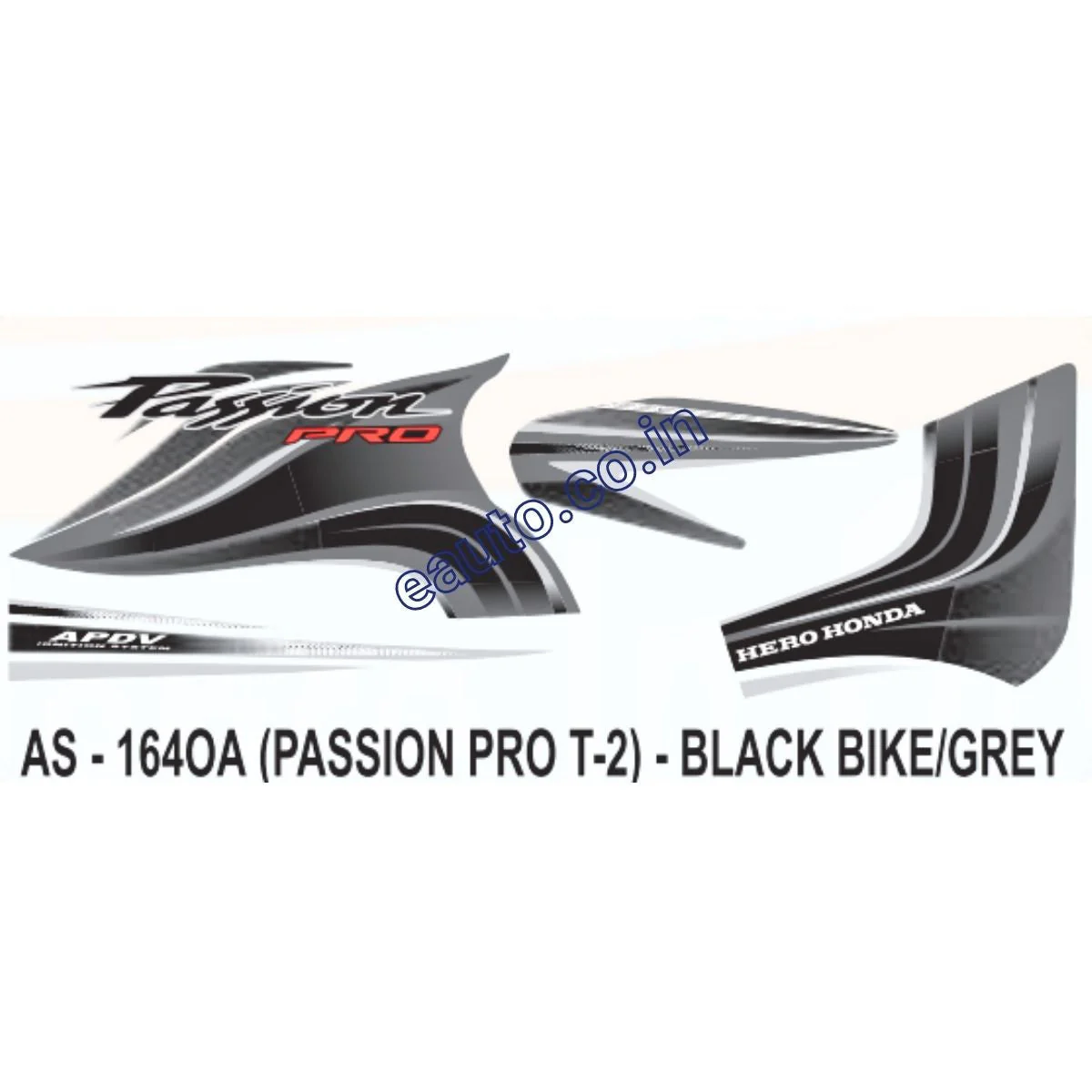 Graphics Sticker Set for Hero Honda Passion Pro | Type 2 | Black Vehicle | Grey Sticker | Both Sides