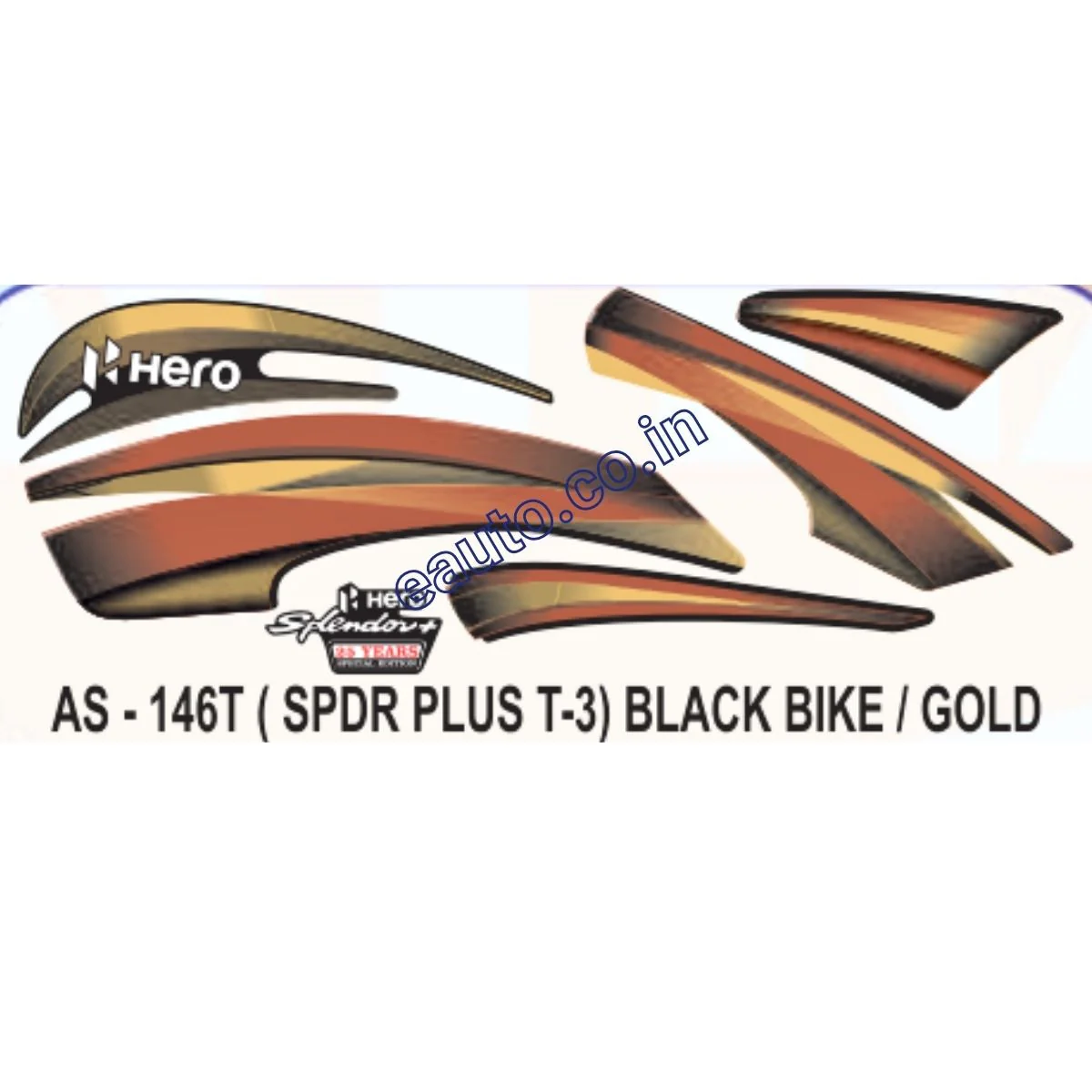 Graphics Sticker Set for Hero Splendor Plus | Type 3 | Black Vehicle | Gold Sticker | Both Sides